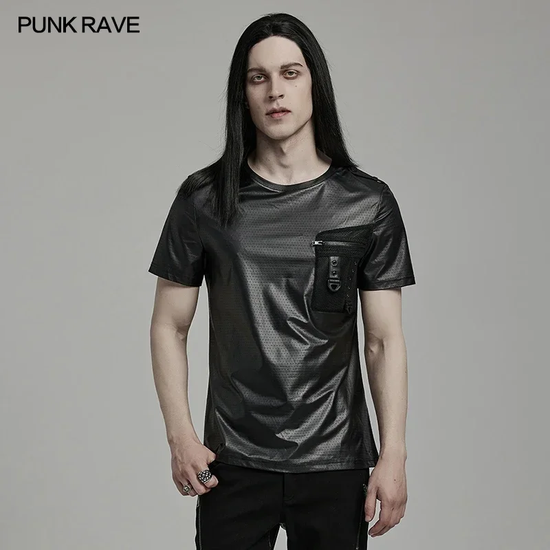 PUNK RAVE Men's Punk Tech Wear Mesh T-shirt Fitted Short Sleeved Silhouette Handsome Tops Streetwear Summer