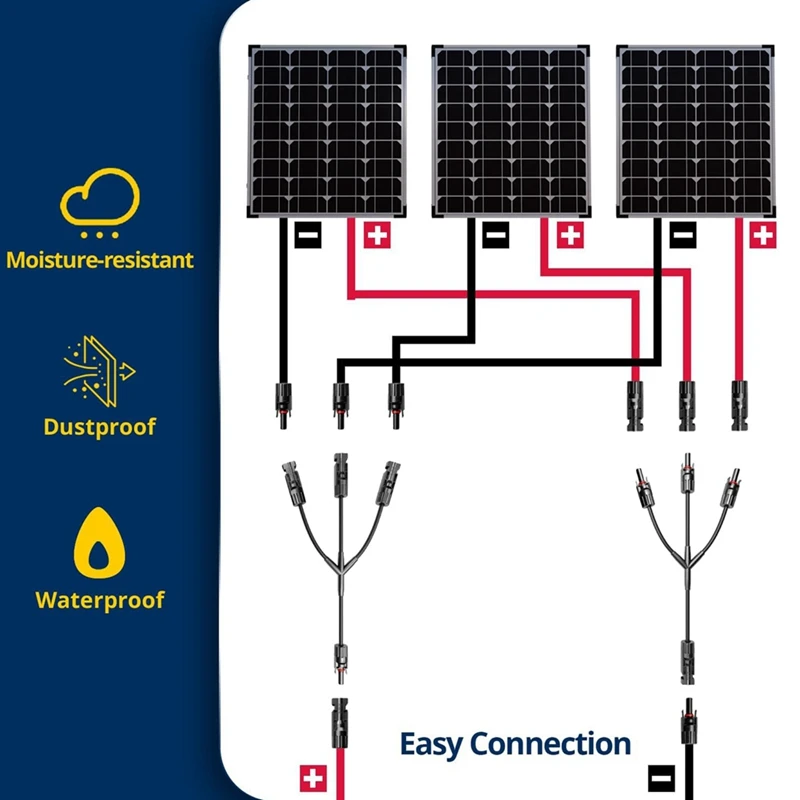 2 пары солнечных разъемов Y-образного типа постоянного тока 1000 В для параллельного подключения между солнечными панелями, соединение солнечного кабеля