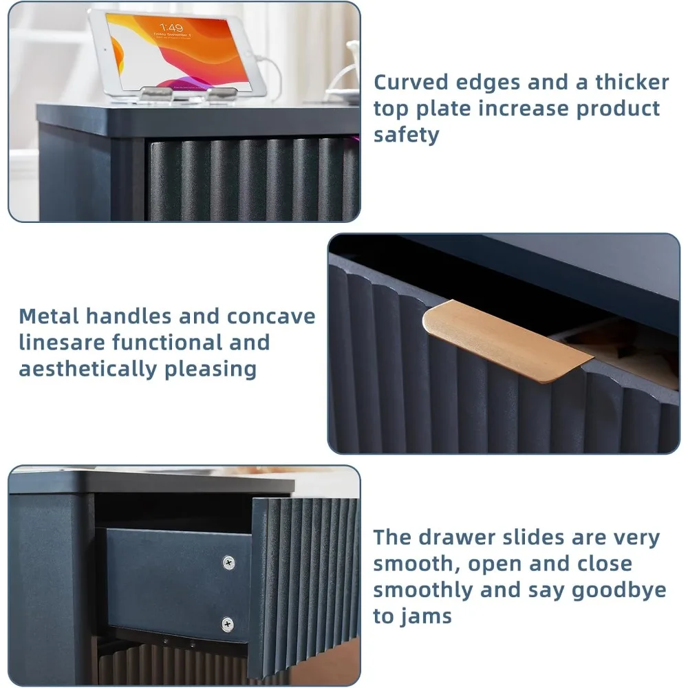 مجموعة منضدة مزرعة واسعة 23 مع قاعدة شحن، 3 أدراج، مقابض معدنية، طاولة نهاية كبيرة، طاولات ليلية زرقاء