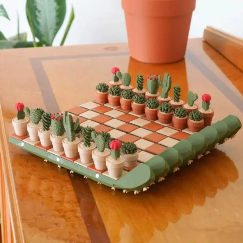3D Printed Resin Cactus Roll Chessboard Set Desktop Ornament Foldable Kill Time Decor Chess Toys Home Office Craft Printed Gifts