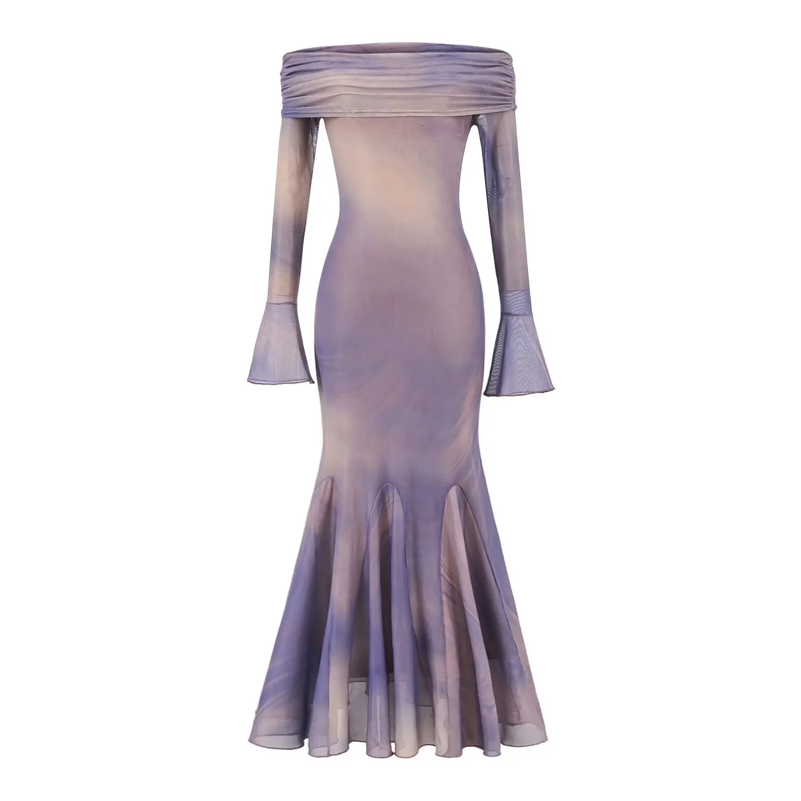 Ele Tie Dye off oulder Bodycon Fi Tail Long Dr with Net Sve High Class Aosphere Spring New Sle Women's Dr