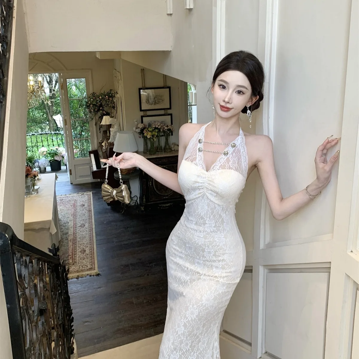 Lange Spitze V-ne Fi-schwanz Dr Sommer Neue Sle Dekorative Kette Ne Hängen Abnehmen Taille Design Koreanische Sle pendeln Dr