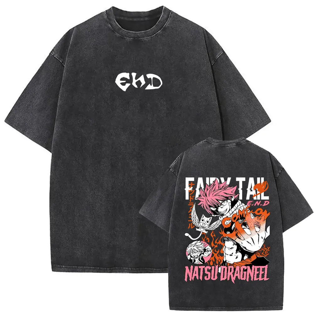 Anime Fairy Tail Vintage Washed T Shirt Manga Natsu Dragneel Graphic Print T-shirt Men Women Fashion Casual Oversized T-shirts