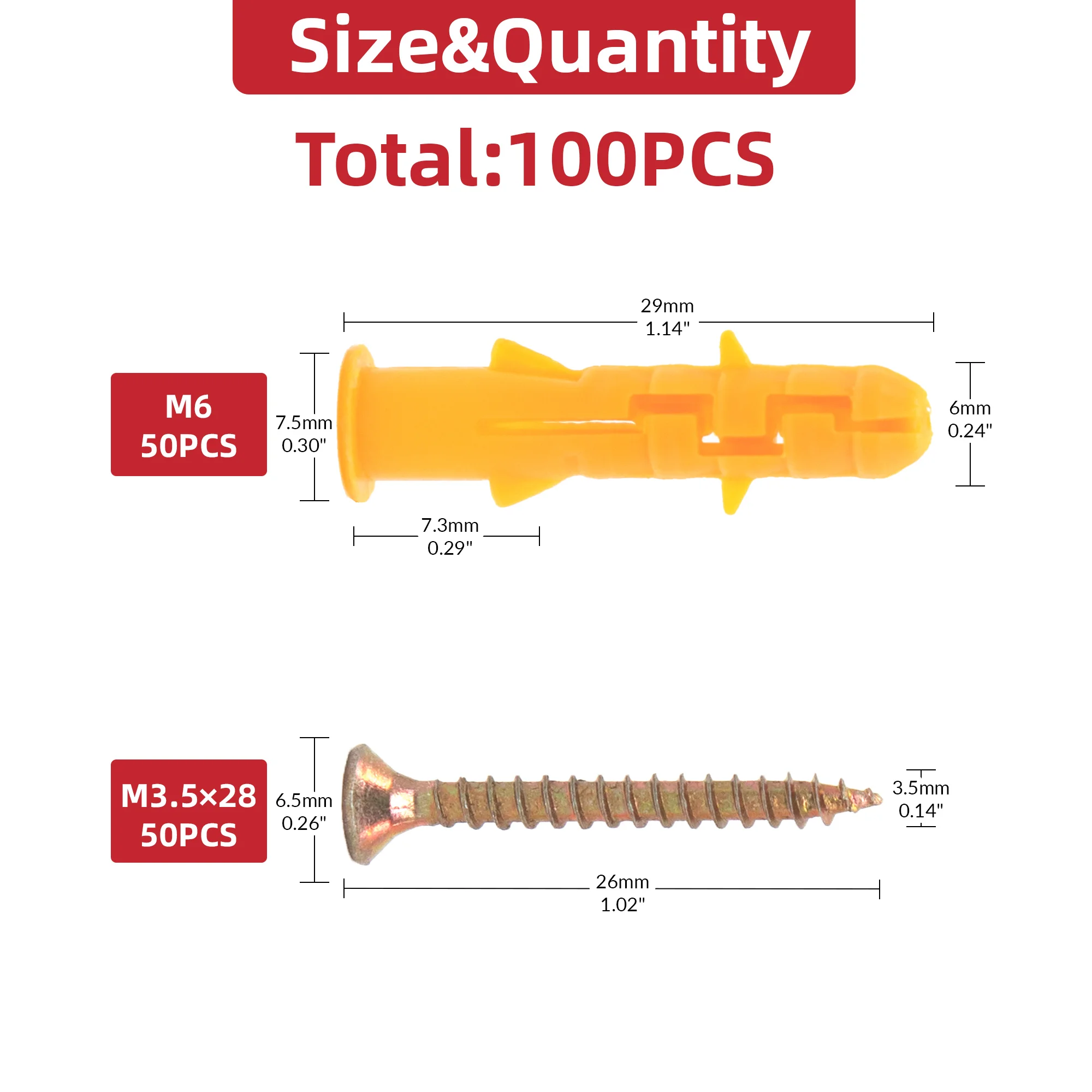 100pcs Drywall Anchor & Screw Assortment Kit - 50 Plastic Wall Anchors & 50 Flat Head Screws - M6 & M8 Galvanized Screws