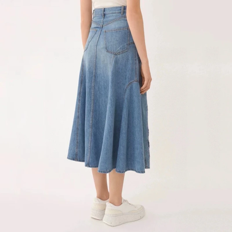 Women's Half-body Skirt, Hollow-out Embroidery Denim Skirt, Fashion Classic Hip Wrap Umbrella Hem, 2024, Summer, New Y2K,