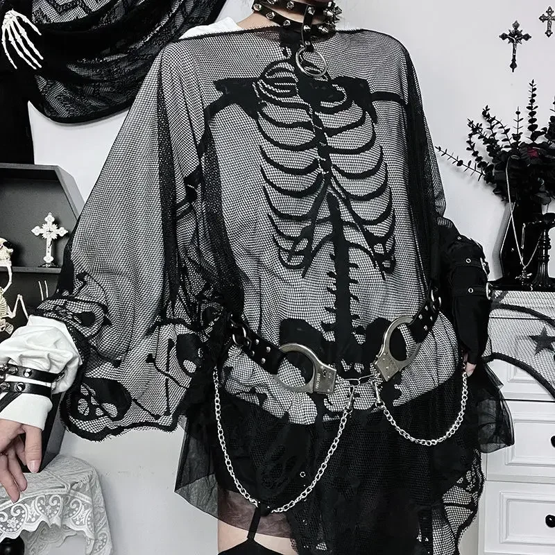الظلام الهيكل العظمي الدانتيل عباءة تأثيري القوطية الشرير ملابس خارجية عظام الجمجمة شال هالوين هوديي كيب المرأة زي