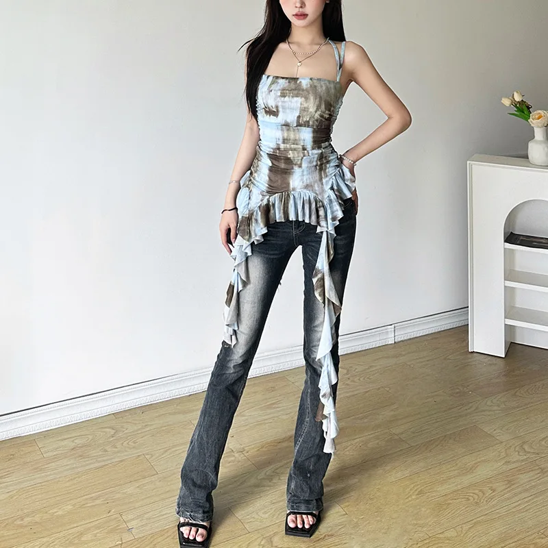 Summer New Women's Fashion Spicy Girl Hanging Neck Backless Tight Tie Dyed Irregular Strap Top for Women