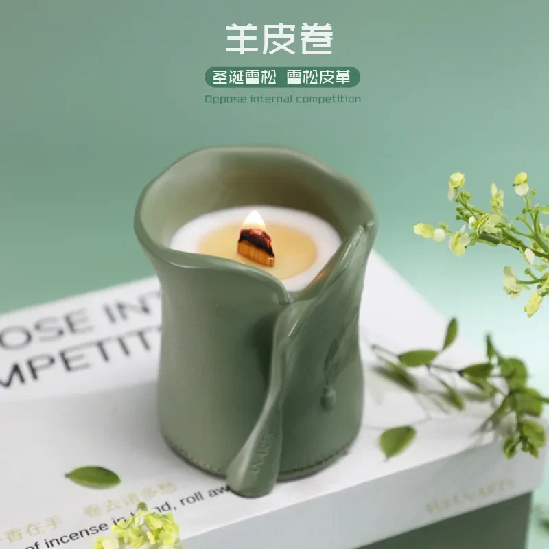 

Tibetan Scented Candle Scroll Shape Cup Aromatherapy Candle Soy Wax Wood Core Indoor Smokeless Fragrance Home Decoration