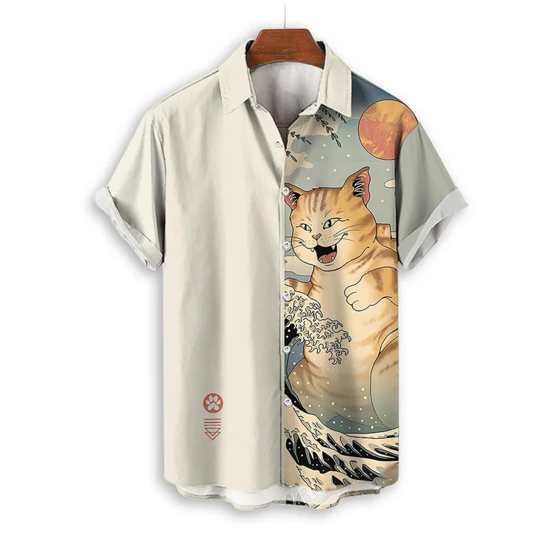 Chemise boutonnée à motif imprimé chat samouraï 3D pour hommes haut de gamme, chemise sociale d'extérieur décontractée à manches longues à la mode 2024, plus