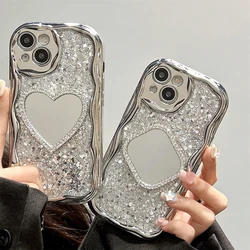 Glitter 3D Love Heart Mirror Cream Grain Edge Phone Case For iPhone 16 15 14 13 12 11 Pro Max Electroplate Soft Covers