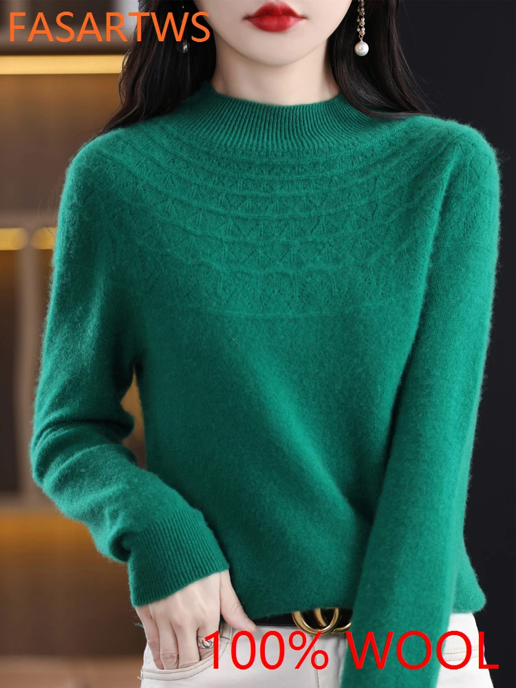

Women's Sweater 100% Wool Half High Collar Pullover Long Sleeve Knitted Tops Hollowed Out Jacquard Outerwears Fall Winter