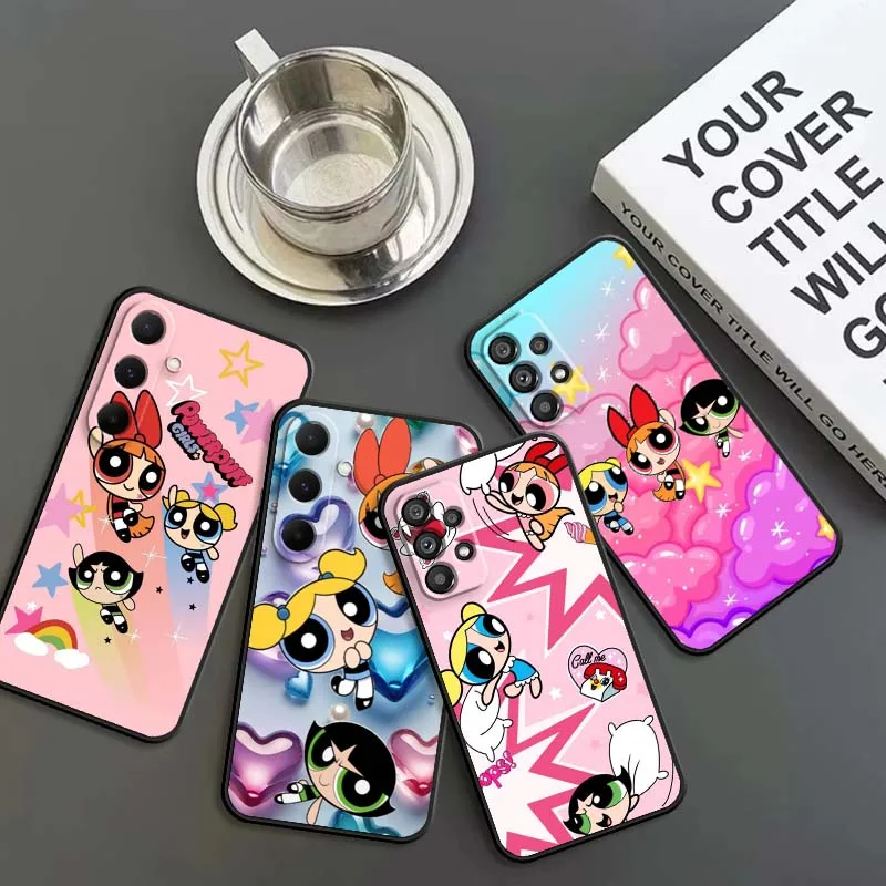 CuteThe P-Powerpuff G-Girls لسامسونج A73 A72 A71 A55 A54 A53 A52 A51 A13 A22 A16 A15 A05s A14 A05 A06 5G حافظة هاتف سوداء