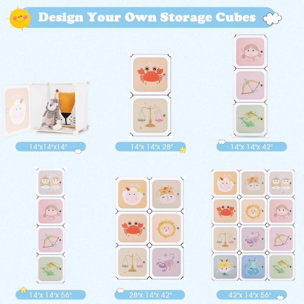 Guarda-roupa portátil infantil com portas, 12 cubos e 2 seções suspensas para organizador de armazenamento de roupas no berçário