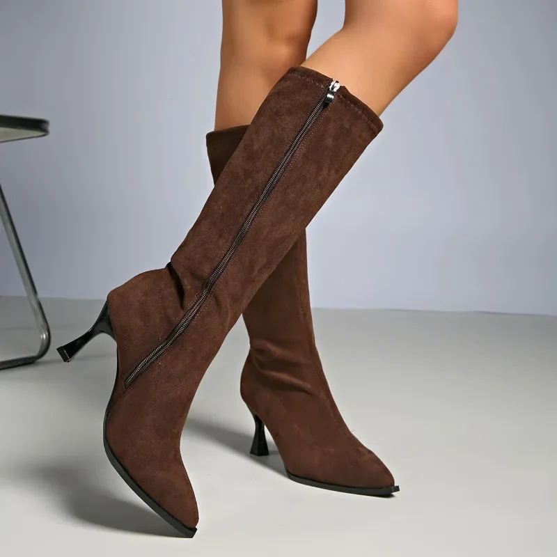 

Spring Autumn Thick Heel Women Knee High Boots Pointed Toe Stripper Party Shoes Female Vintage Long Booties Zapatos De Muje