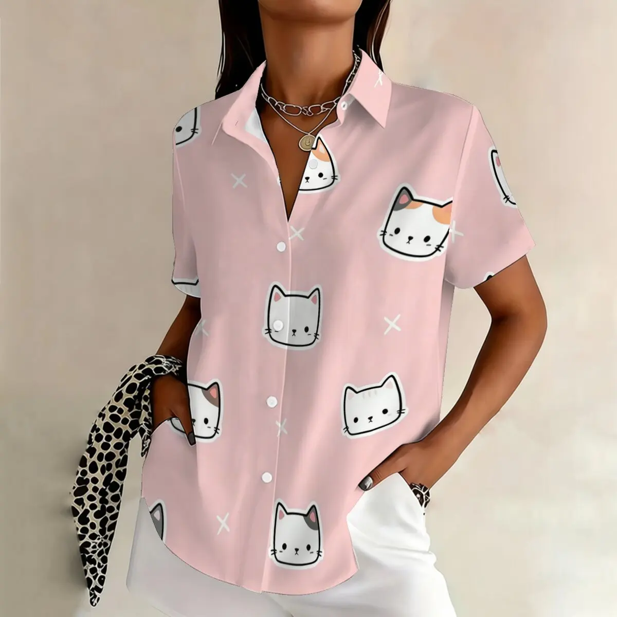 

Simple and personalized cartoon cat print summer women's plus size lapel short sleeved shirt fashionable daily versatile top