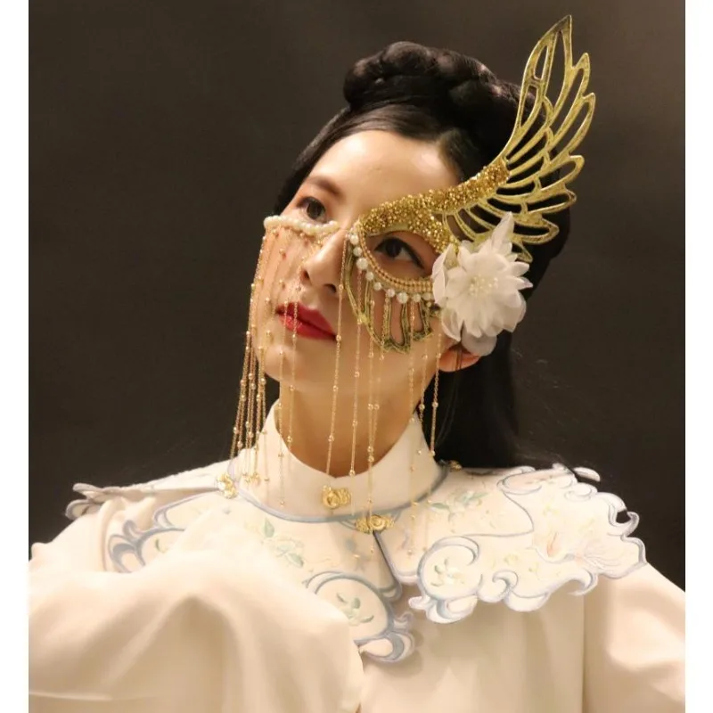 

Ретро стиль Hanfu маска моделирование реквизит занавеска для лица фото кисточка фея газовая крышка золотые и серебряные украшения Хэллоуин