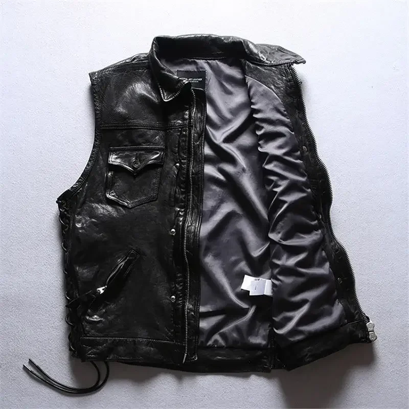 2024 Men Fashion Style New Motorcycle Punk Leather Coats Men's Sleeveless Jackets Locomotive Vest  Adjustable Black Vests