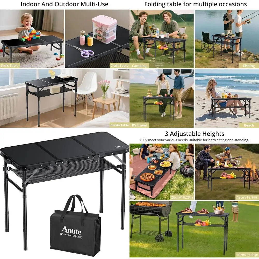 

Portable Folding Camping Table with Storage Net and Adjustable Height, Up to 27.5 for Outdoor BBQ and Picnics