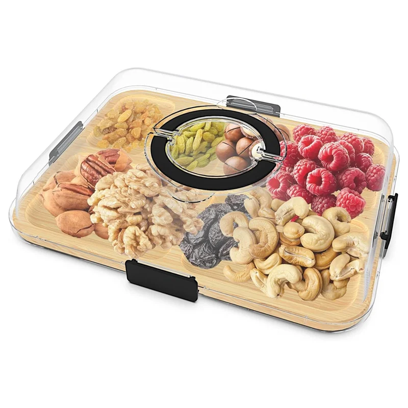 

Charcuterie Board With Clear Lid And Handle, 6-Compartment Bamboo Travel Portable Cheese Board Cutting Box Set
