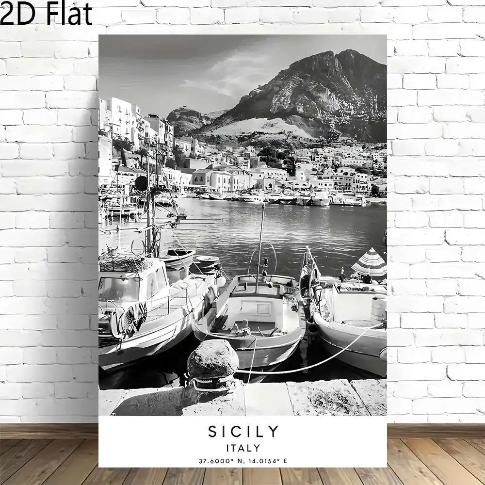 2D Flat, 1pc Sicily Italy Harbor Black & White Photo Frameless Vertical Canvas Wall Art - Sicilian Coastal Landscape with Fis