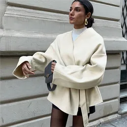 Elegant Belt Lace Up Woolen Jacket For Women Autumn Fashion Long Sleeve Short Jacket 2025 New Lady Streetwear Outerwears Female