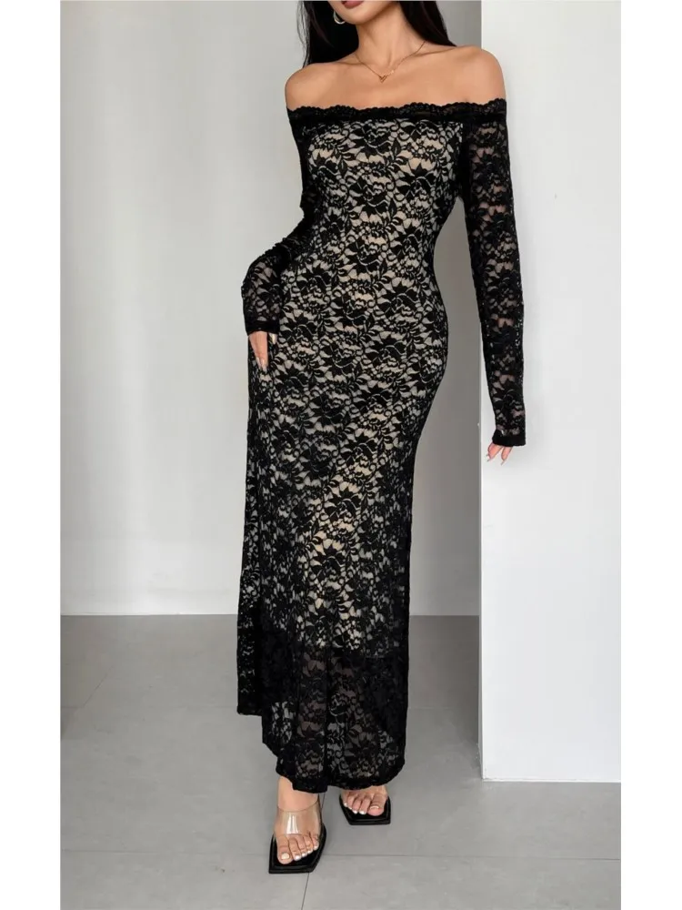 Sukienki koronkowe na studniówkę damskie, modny krój z odkrytymi ramionami, długi rękaw, seksowna sukienka maxi, elegancka, prosta, modna, dopasowana sukienka na imprezę, vestidos