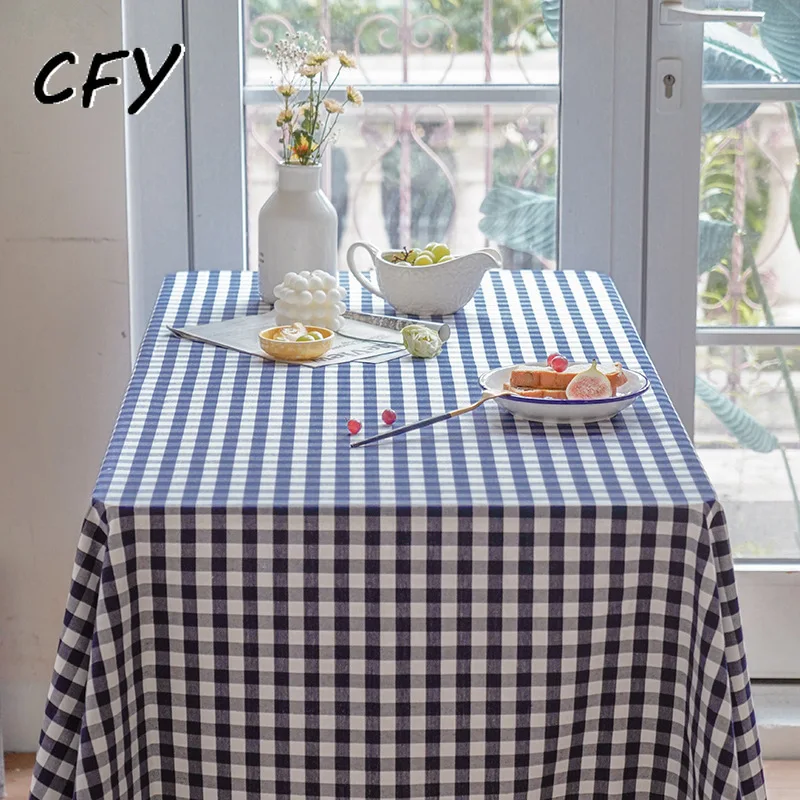 American Style Blue Plaid Pattern Cotton Linen Rectangular Tablecloth Home Coffee Dining Table Fireplace Microwave Cover