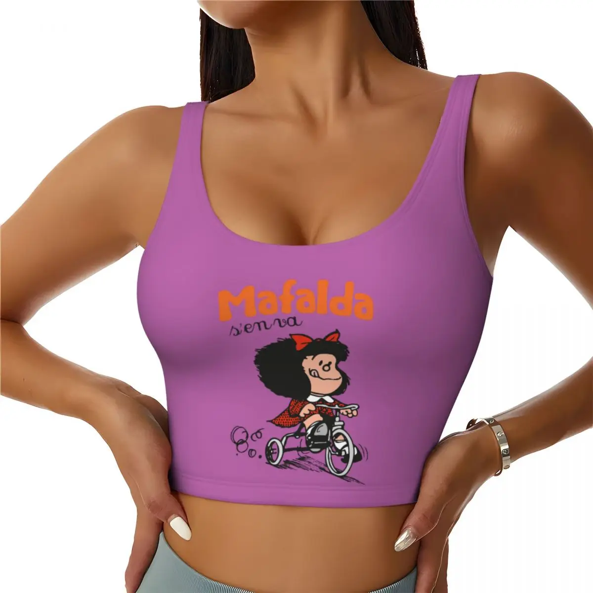 Custom High Impact Kawaii Mafalda Riding A Bike Sports Bra for Women Quino Comic Cartoon Gym Workout Yoga Crop Top