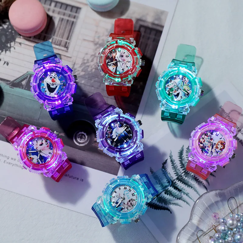 Mechanical Watch cartoon Pattern Led Glowing Flash Children Watch Toys Fashion Leather Quartz Wristwatch Christmas Gifts for Kid