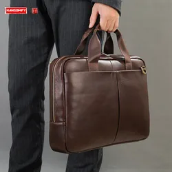 Maletín de cuero genuino para hombre, bolsos de mano para ordenador, bolso de hombro informal, bandolera de gran capacidad, 14-15,6 pulgadas, novedad