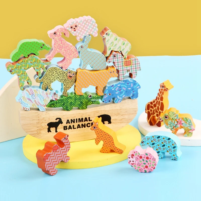 Blocos de equilíbrio animal brinquedo kit crianças empilhamento de madeira dinossauro brinquedos para crianças coordenação mão-olho