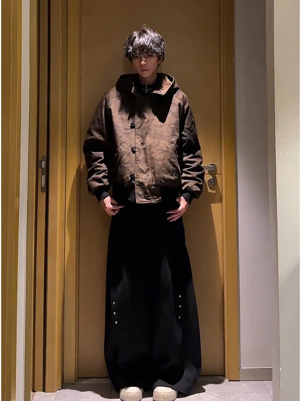 

American High Street Rivet Knife Loose Trousers Men Autumn Winter Design Deconstructed Flared Wide Leg Long Pants
