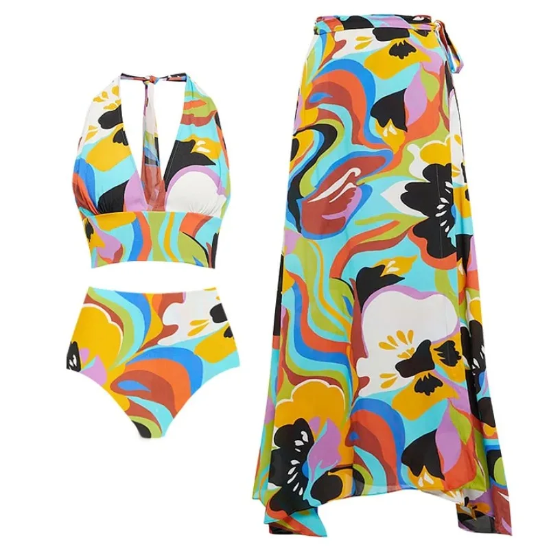 European and American Bikini Deep V Neck Pattern Printed Sexy Swimsuit Suit Female Explosion Bathing Suit Women Swimwear Women
