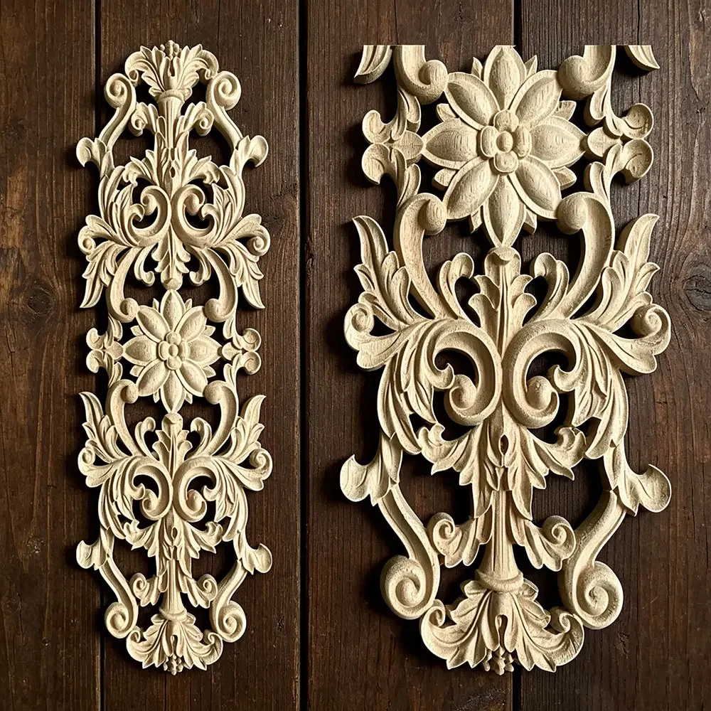 2PCS 50cm Vintage Floral Carved Corner Applique Wall Door Cabinet Decorative Figurines Wood for Furniture Decoration Accessories