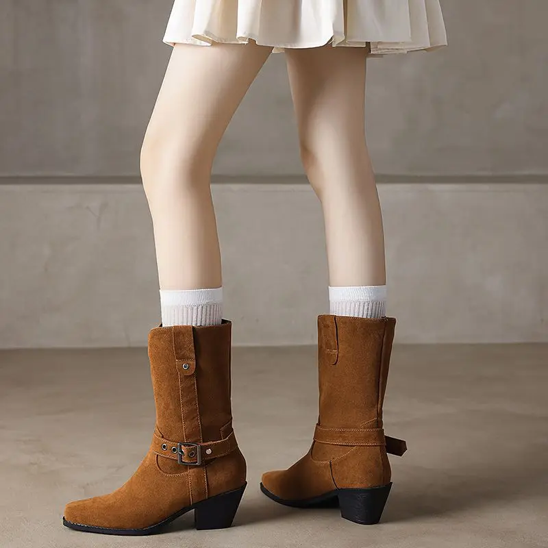 

ORCHALISA/сапоги до середины икры из флока в стиле вестерн, женские туфли без шнуровки на блочном каблуке 6 см с квадратным носком, большие размеры 43–44, повседневные на каждый день