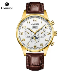 Gigididi 43mm Automatic Men's Watch Date Day Month Year Gold Dial Multifunction 316L Leather Strap Polished Case Day Night New