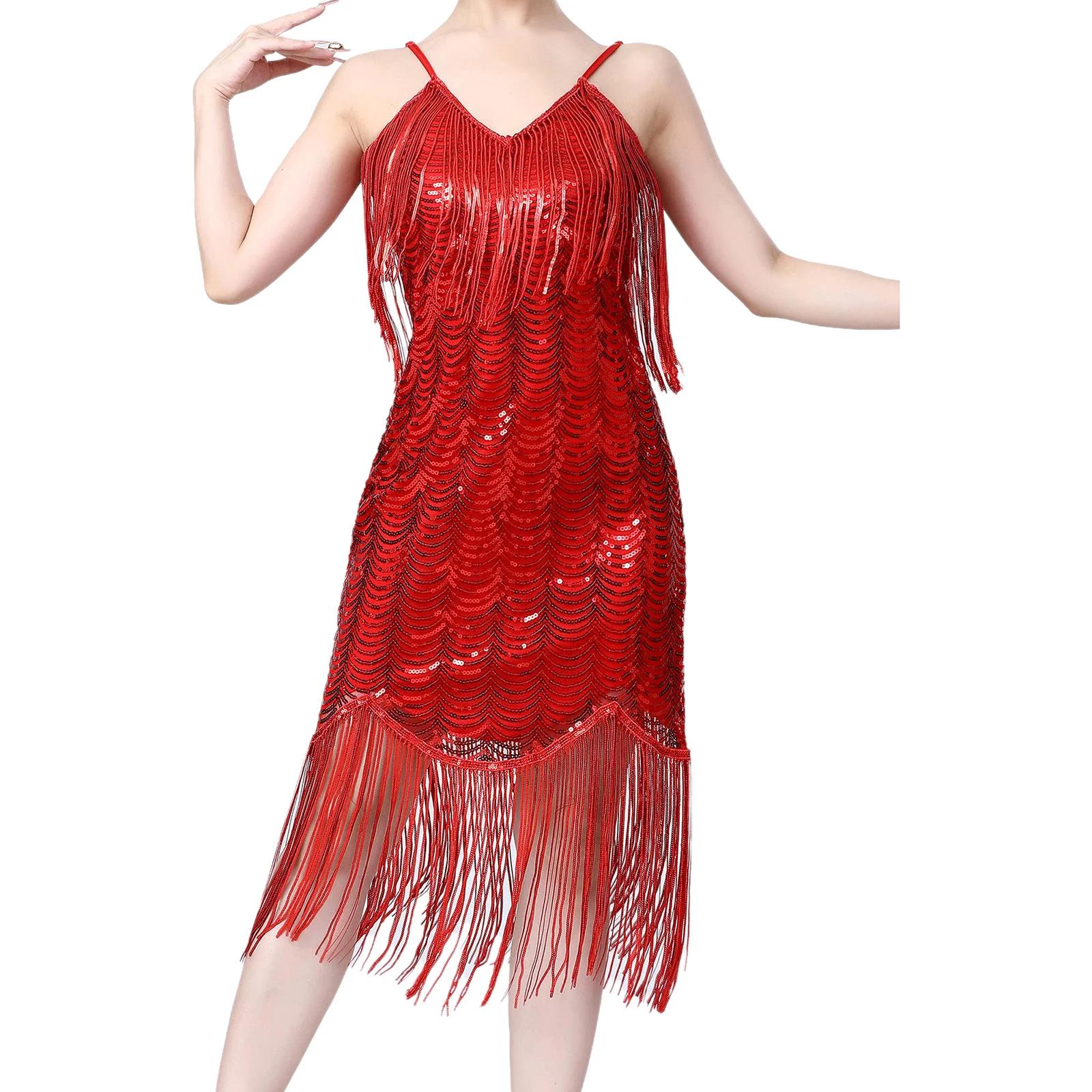 Vestido latino con borlas para baile de Salsa y Rumba para mujer, traje de competición de actuación, tirantes finos con lentejuelas, vestido de Tango de Jazz escalonado