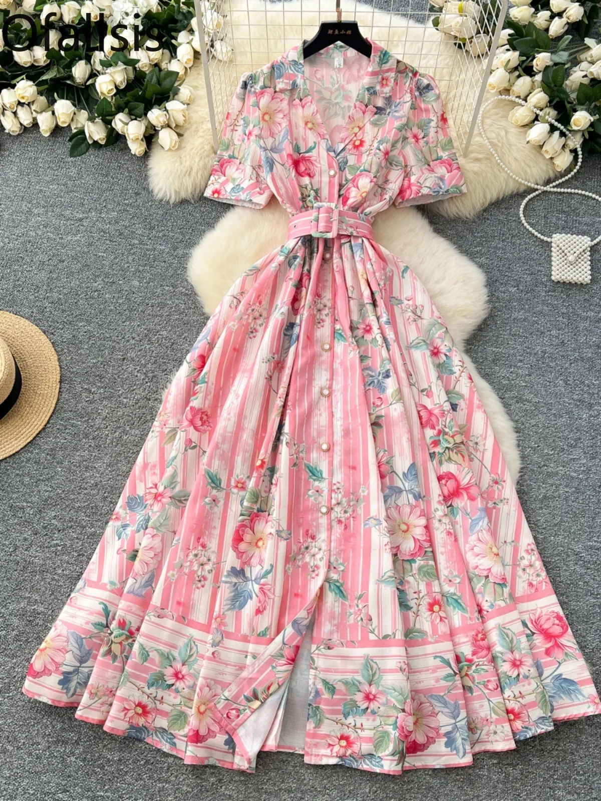 Ofallsis Socialite High end Printed Dress Women's 2024 New Retro Collar Short Sleeved Waist Cinched Buckle Printed Long Dresses