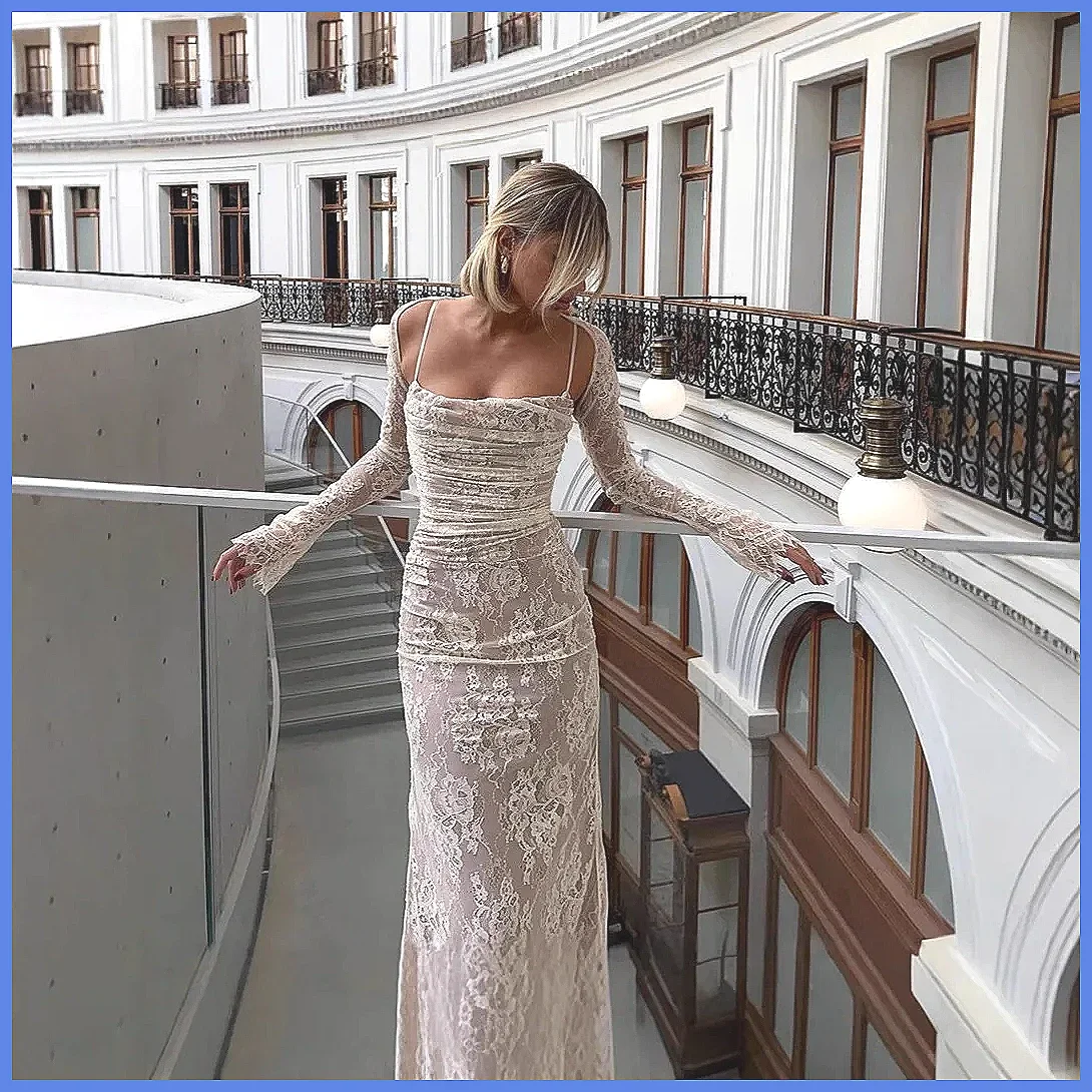 Elegant White Lace Maxi Dress Vintage Square Neck Slim Evening Dress Women's (Character Count: 68)