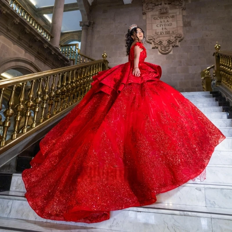 

Red Shiny Ball Gown Quinceanera Dresses 2026 Sequin Applique Beading Crystal Bow Tull Off Shoulder Sweet 16 Dress Years Vestidos