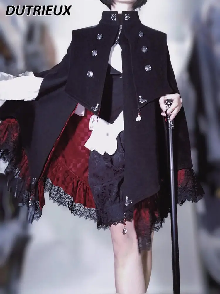 Japanese Gothic Style Black Cape Lolita Sweet Girls Stand-up Collar Hidden Button Medium Long Cape Coat Personality Cloak