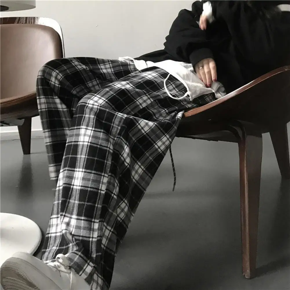 Women Sweatpants Fashion Black Plaid Casual Pants Baggy Elastic Waist Pockets Student Unisex Hip Hop Loose Trousers Streetwear