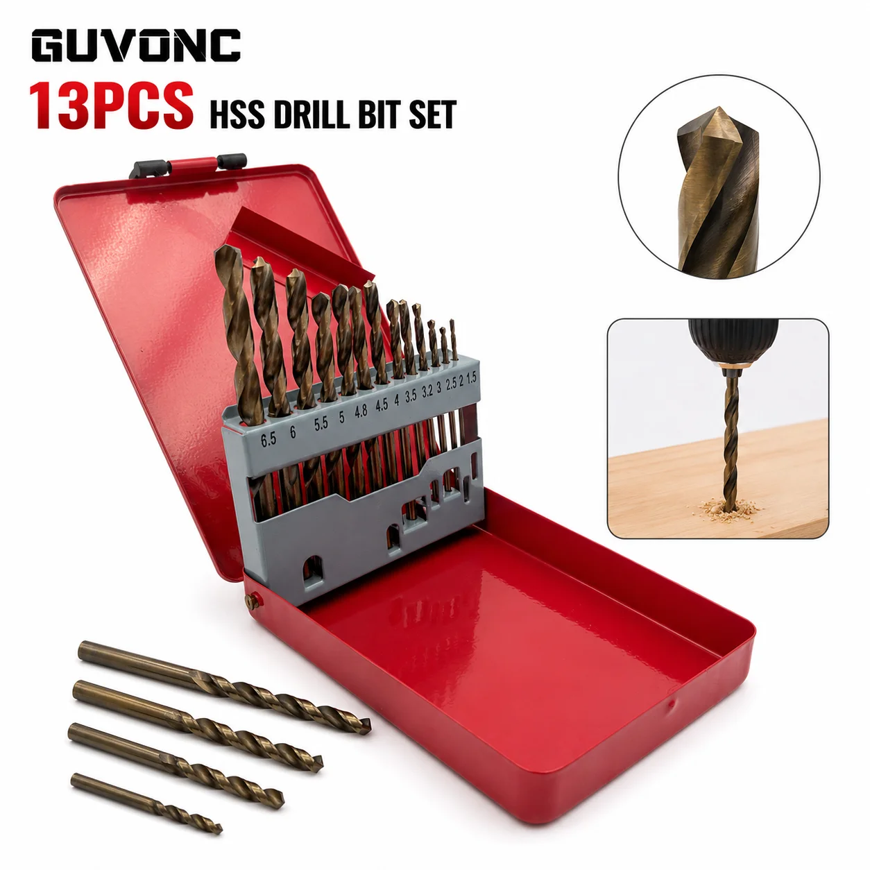 13Pcs HSS Twist Drill Bit Set 1.5‑6.5mm Metric Straight Shank Drill Bits for Wood Metal Plastic Drilling with Storage Case