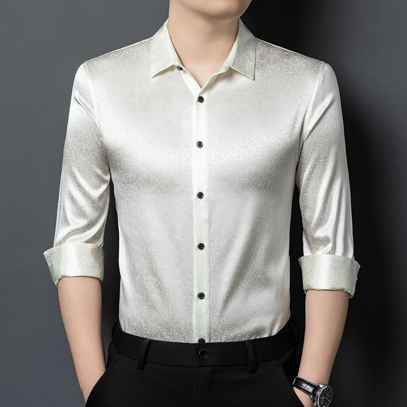 Silk Thin Long-sleeved Shirt Men Middle-aged Business Casual Silk Jacquard Shirt