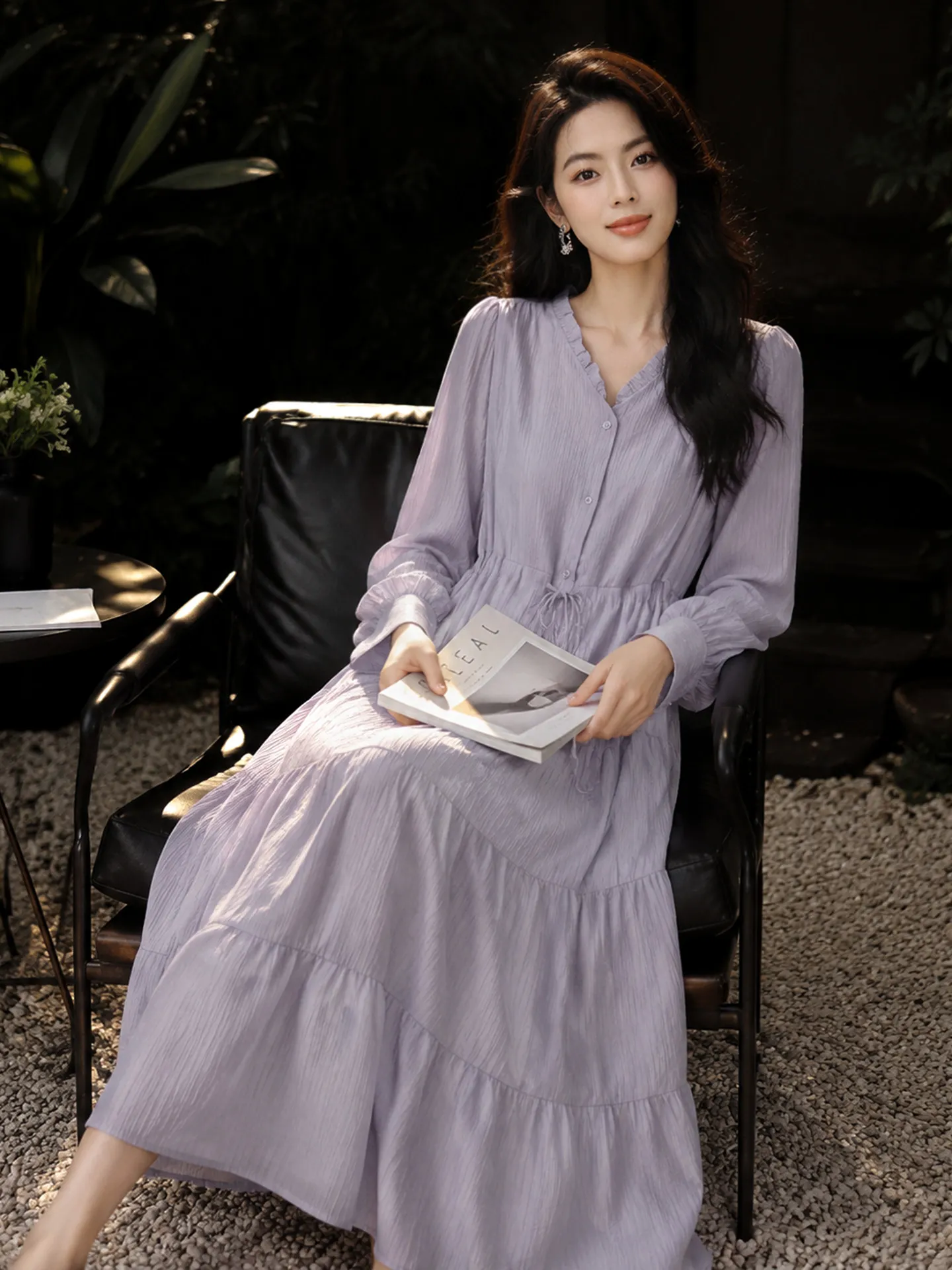 Gentle Evening Purple Wood Grain  V-neck Dress Women's Autumn New Drawstring Waist Cinching Layered Cake Long Dress