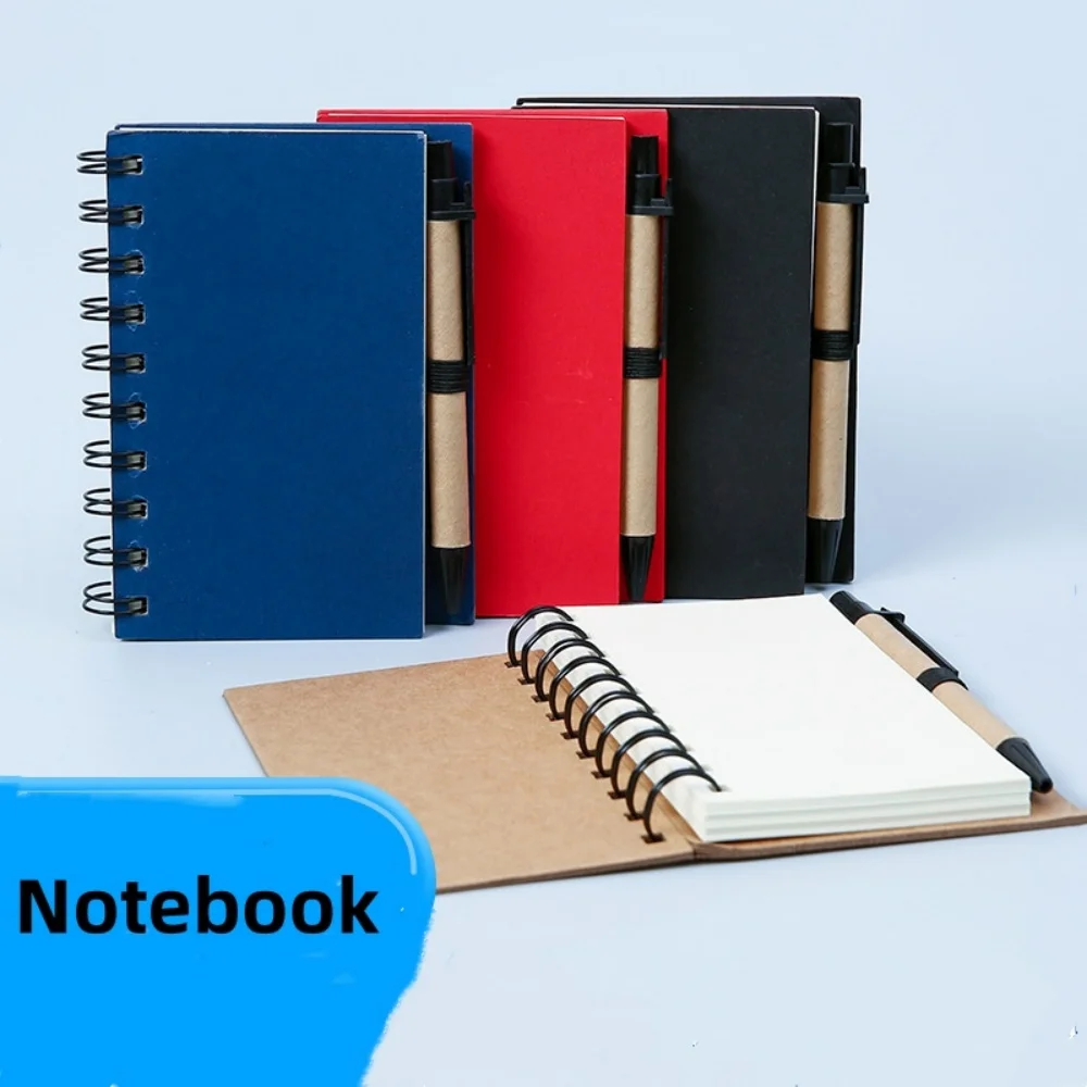 Lined Spiral Notebook Kraft Paper Cover Notepad with Pen in Holder, Sticky Notes and Page Marker, Business Small Notebook