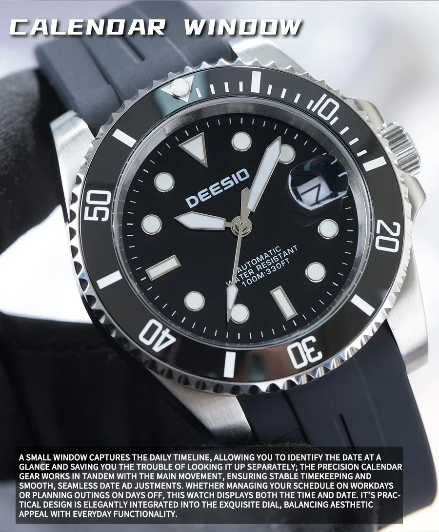 Deesio Luxury Men's Full Automatic Mechanical Watch, 316L Stainless Steel Case, Silicone Strap, Date Display, Luminous Hands, Upgrade 100M Waterproof, High-Mineral Glass, Sport Sweatproof, Self-Wind & Manual Wind, Black Classic Business Casual Design