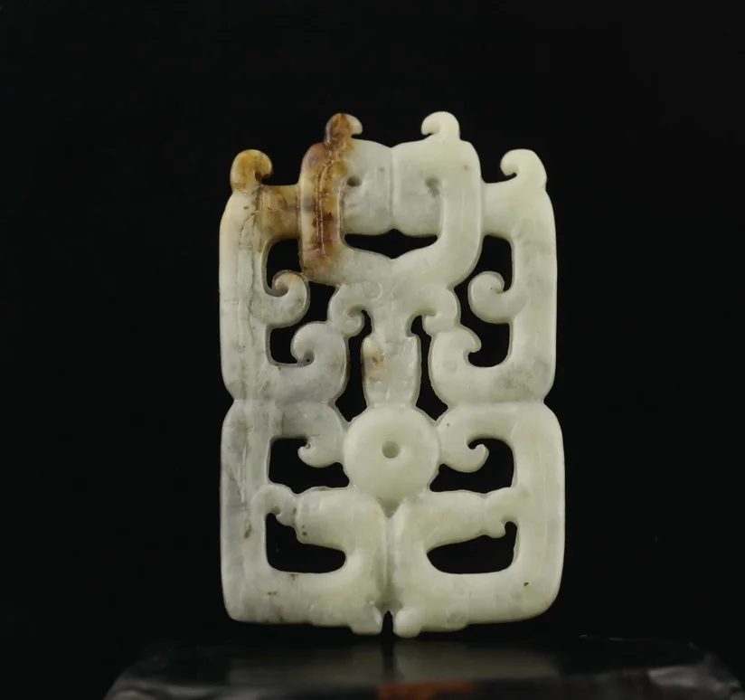 Old China natural jade hand-carved statue of double dragon loong pendant #48