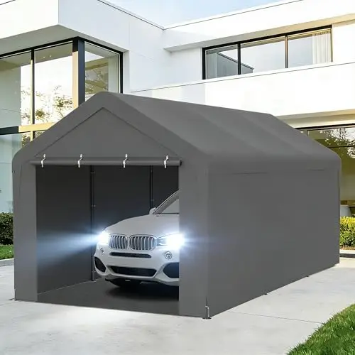 Carport 10 x 20 FT Heavy Duty, Portable Garage Canopy, Waterproof Car Canopy with Side-Opening Removable Door, Carport