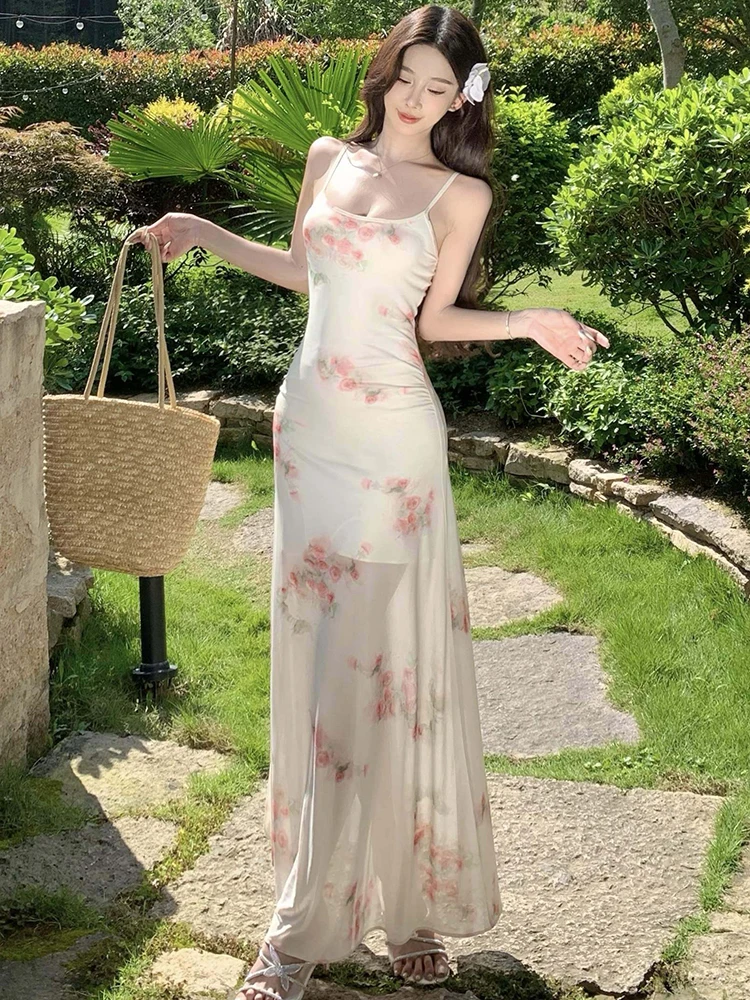 Sommer Floral Mesh Quadrat Kragen Sling Sexy Langes Kleid Frauen Boho Elegante Casual Kleid 2025, Koreanische Mode, Figurbetontes Urlaubskleid